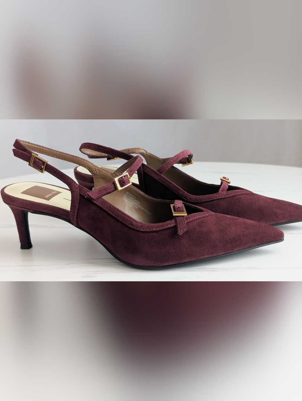 Dolce Vita Burgundy Suede Pointed Toe Slingback Heels NIB Size 8 Gold Buckle